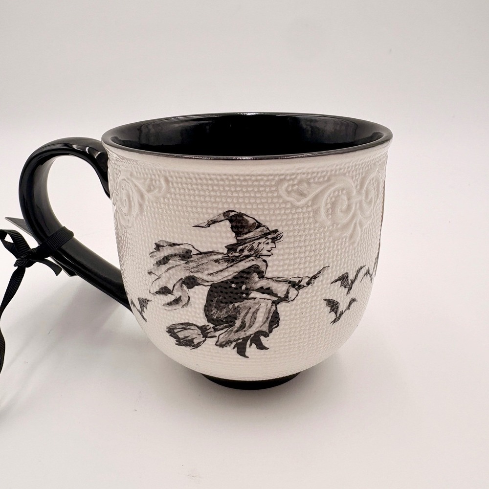 Cobwebs & Cauldrons Halloween Witch Flying on Broomstick Bats Textured Mug New